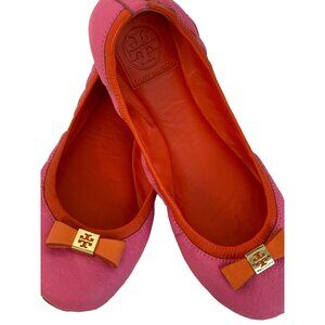 Tory Burch Pink Orange Ballet Leather Flats Shoes 8M EUC Barbie Detail 7274